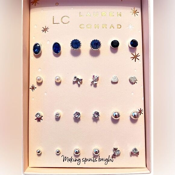 LC Lauren Conrad 12 Pairs Of Rhinestone Pearl Silver Stud Earrings Box Set NWT - Picture 2 of 4